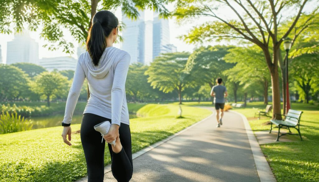 주말 운동을 연상시키는 밝은 공원 산책로에서 뒤돌아 선 채 스트레칭하는 사람과 멀리 걷거나 달리는 사람이 보이는 장면