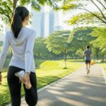 주말 운동을 연상시키는 밝은 공원 산책로에서 뒤돌아 선 채 스트레칭하는 사람과 멀리 걷거나 달리는 사람이 보이는 장면