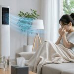 냉방병 증상으로 인해 에어컨 바람을 맞으며 소파에 앉아 몸이 불편한 상태의 실내 장면