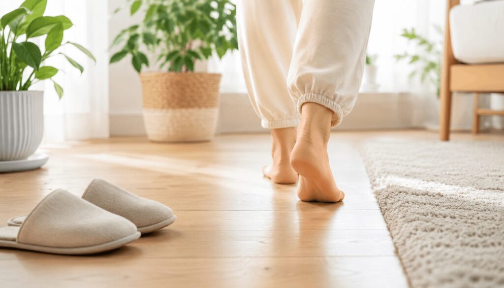 밝은 실내 바닥을 맨발로 걷는 사람과 실내 슬리퍼가 놓인 생활 위생 상황