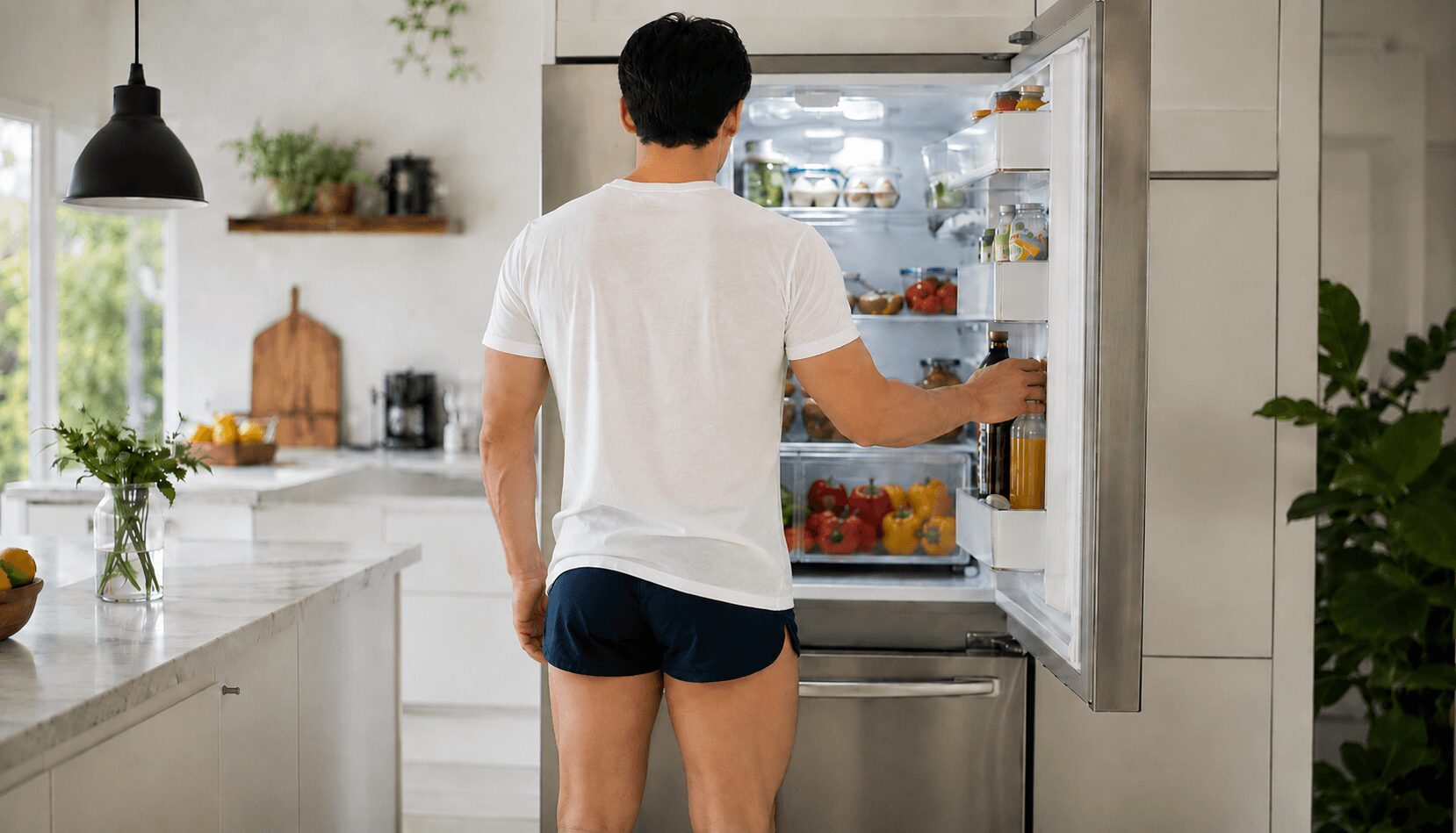 냉장고 냄새 원인을 확인하기 위해 밝은 주방에서 냉장고 문을 열고 식품 보관 상태를 살펴보는 젊은 남성의 뒷모습