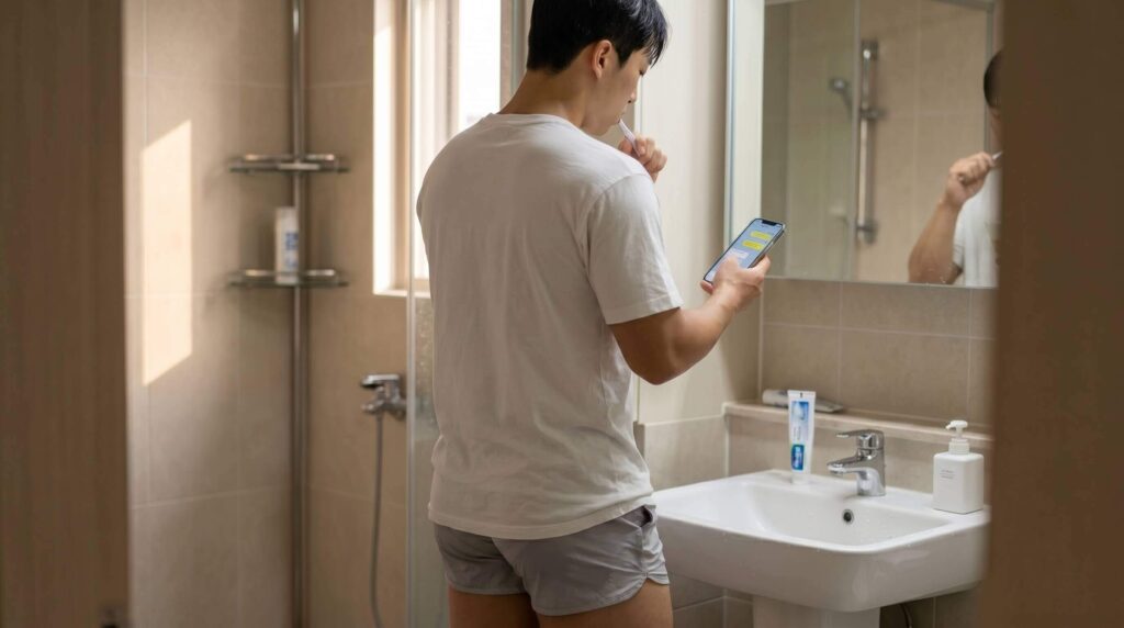 화장실 휴대폰 사용 중 스마트폰을 확인하는 모습과 위생 습관을 보여주는 장면
