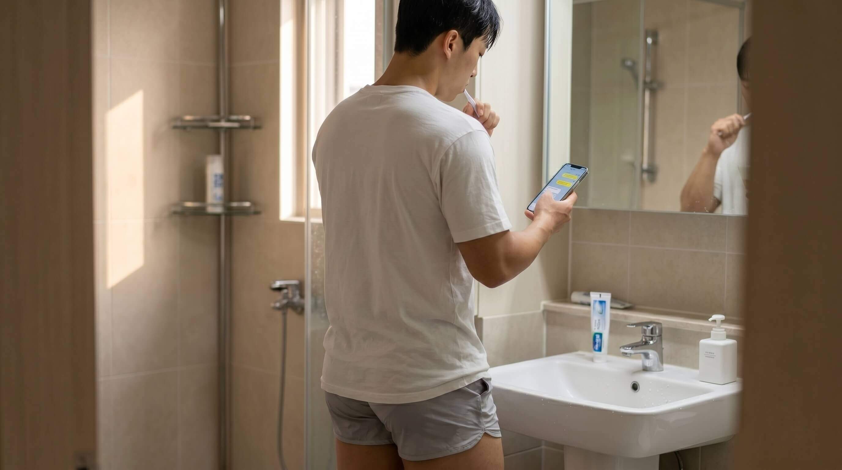 화장실 휴대폰 사용 중 스마트폰을 확인하는 모습과 위생 습관을 보여주는 장면