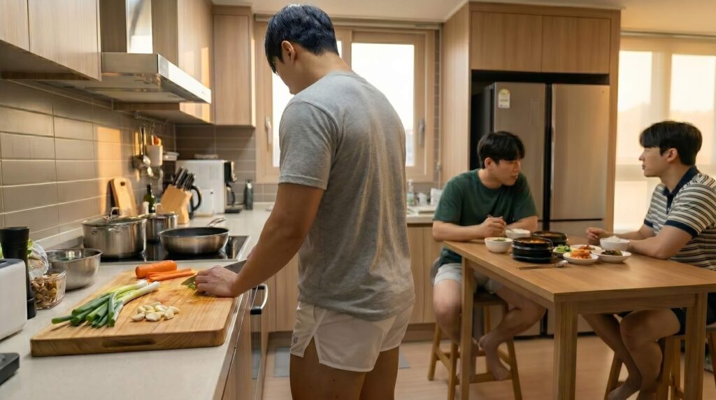 도마 냄새 원인을 확인하기 위해 채소를 손질하는 주방의 나무 도마 모습