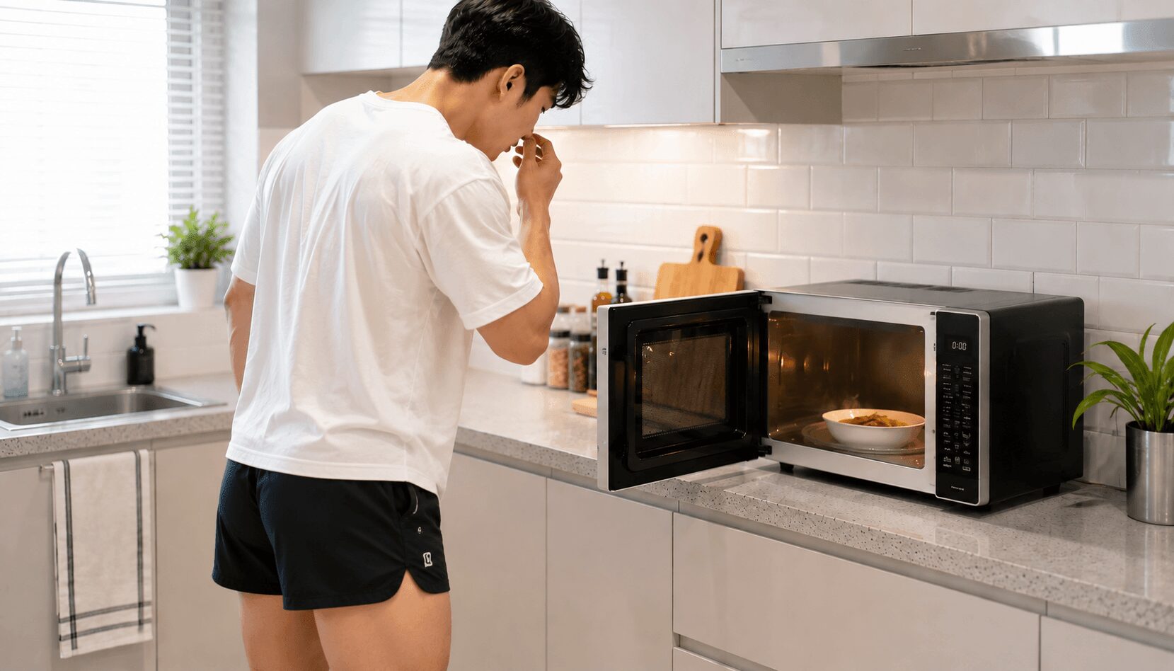 전자레인지 냄새를 확인하는 한국 청년의 주방 생활 장면