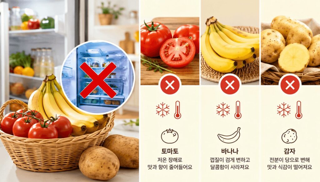 냉장 보관이 맞지 않는 식재료를 냉장고와 함께 표현